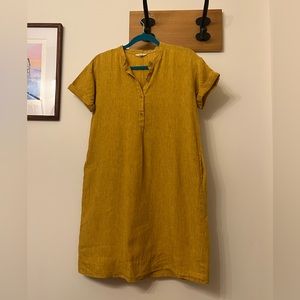 Washed Organic Linen Delave Mandarin Collar Shirtdress in Marigold, size xxs